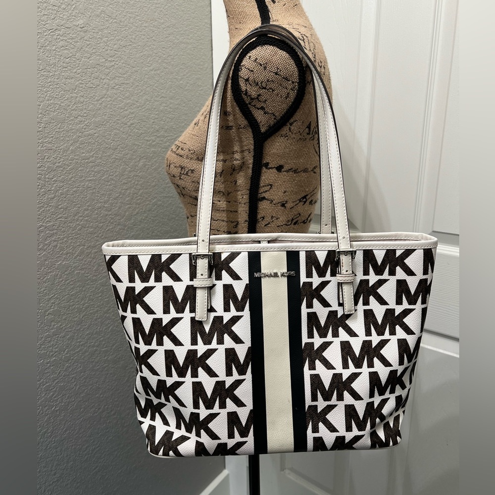 MICHAEL Michael Kors White and Brown MK Logo Stripe Shoulder Tote